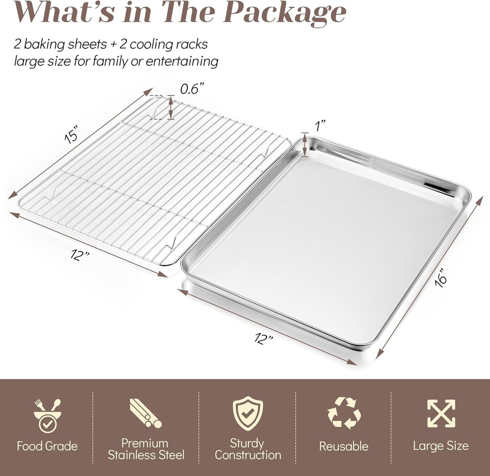 Baking Sheet with Rack Set (2 Pans + 2 Racks), Stainless Steel Baking Pan Cookie