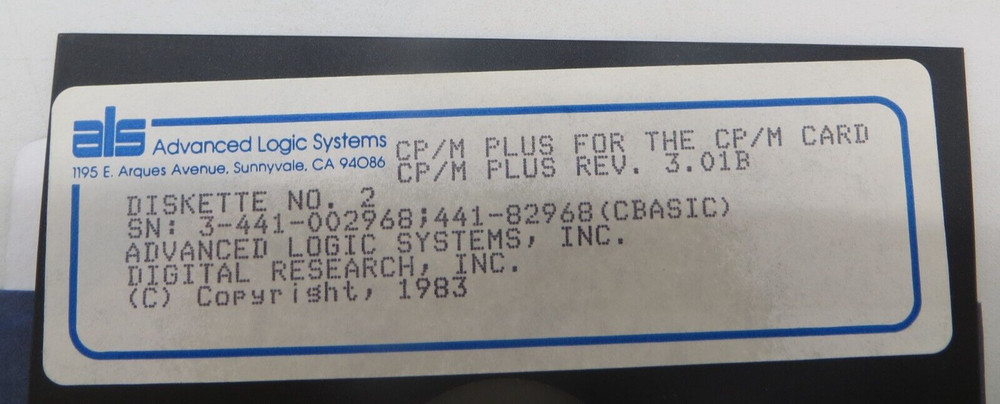 CP/M PLUS REV. 3.01B 5.25" Floppy Disk 1983 Advanced Logic Systems Inc. #4038