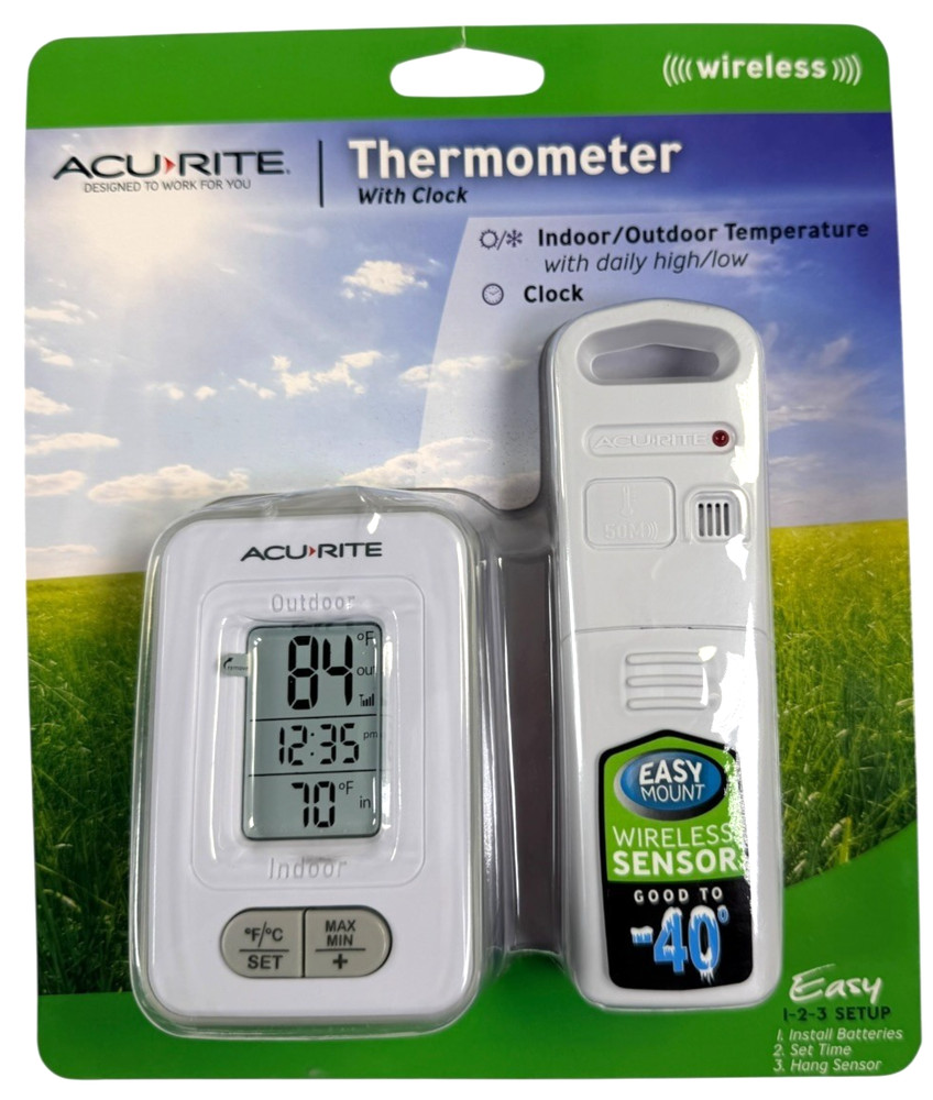 AcuRite Wireless Indoor Outdoor Digital Temperature Thermometer Clock & Memory