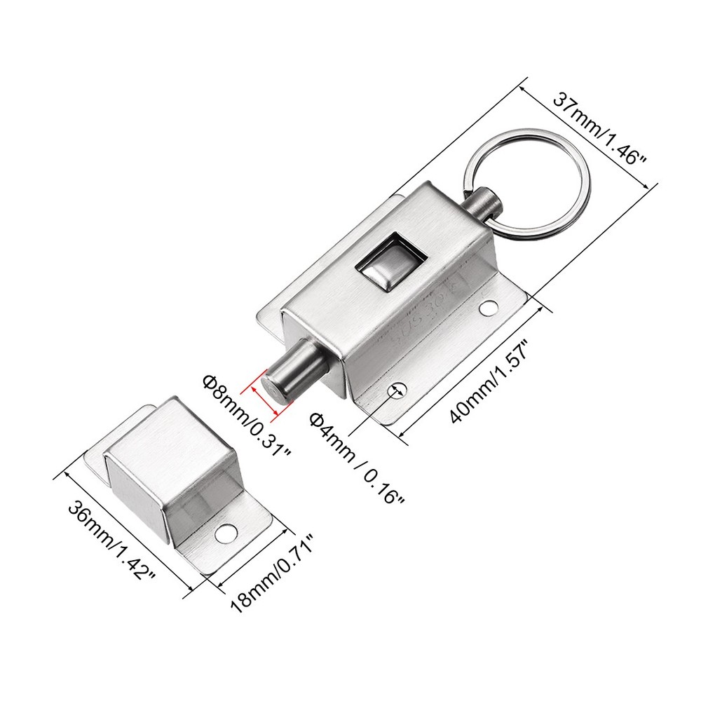 Door Barrel Bolt Stainless Steel Ring-Pull Spring Loaded Auto Sliding Lock 2 Set