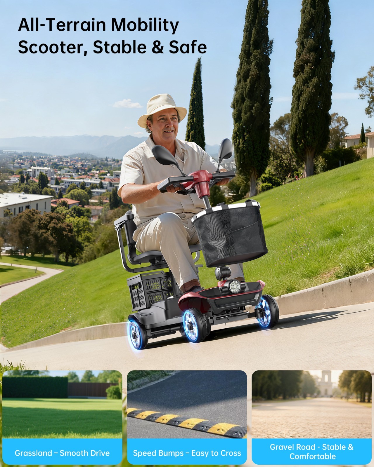 4 Wheel Mobility Scooters for Adults & Seniors, 15 Mi Range & 330 lb Capacity