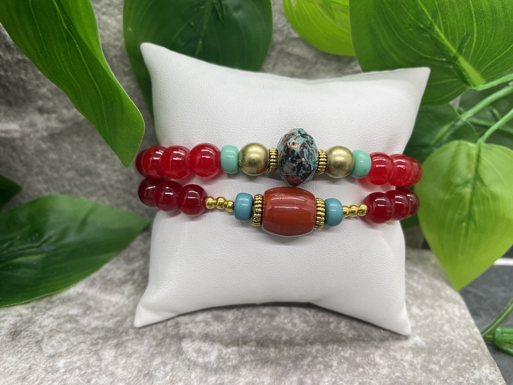 2 PC Handmade Boho Beaded Stackable 6.5" Plus Stretch Bracelet Set New A2586