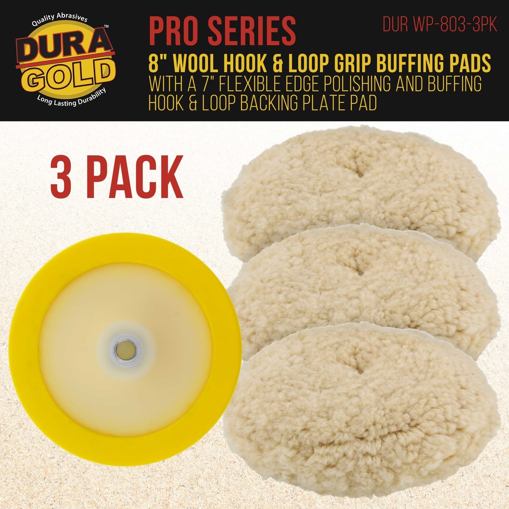 3 Pack 8" Wool Hook & Loop Buffing Pads with Backing Plate, Polishing Auto Paint