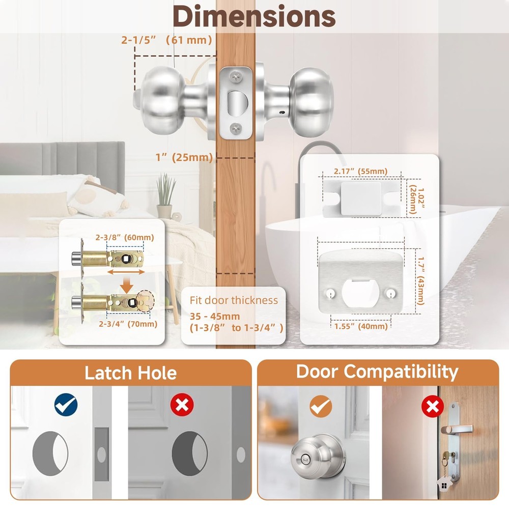 10 Pack Home Improvement Bed/Bath Room Door Knobs, Brushed Nickel Privacy Doo...