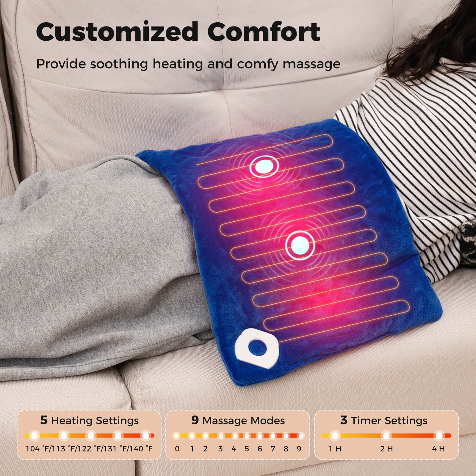 Weighted Heating Pad w/ 2 Massagers Massaging Vibration 5 Heating Levels 9 Modes