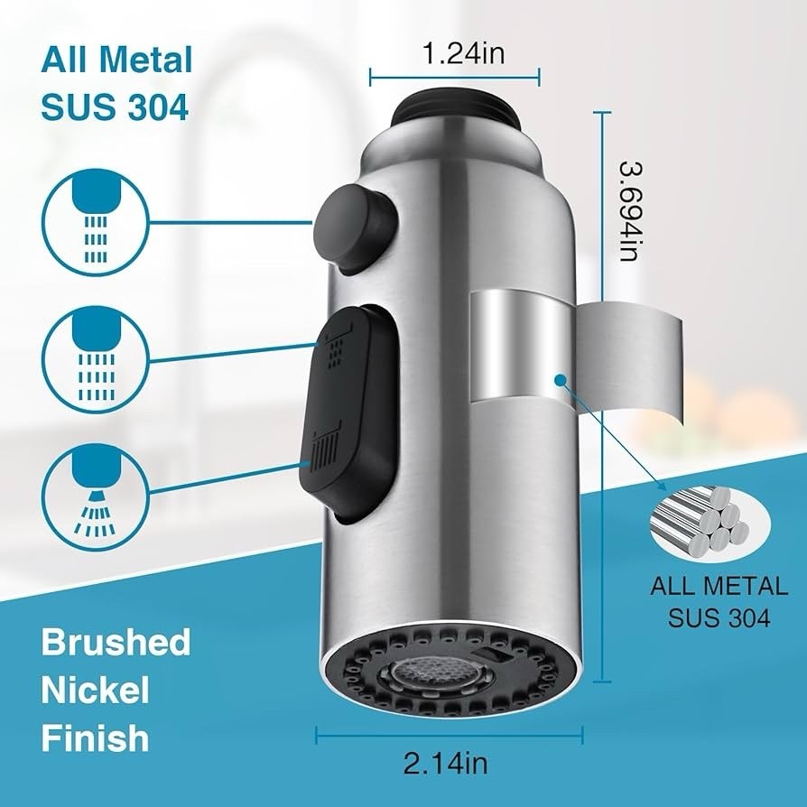 (LUH) Metal Kitchen Faucet Spray Head 3-Function Pull Down Brushed Nickel