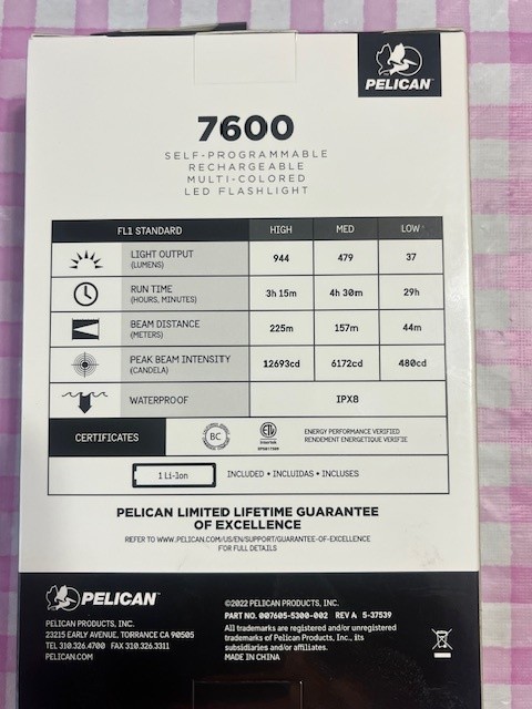 Brand New Pelican 7600 Programmable Rechargeable Multi Colored LED Flashlight