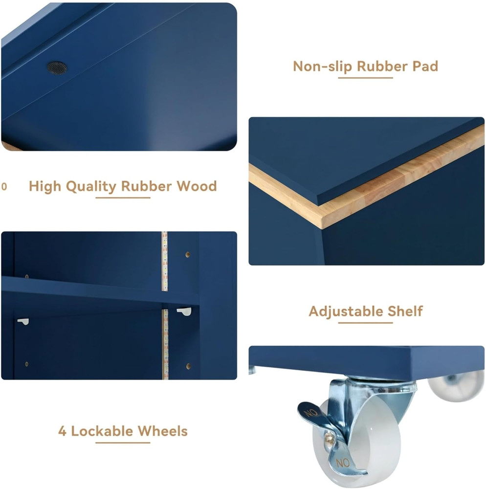 Navy Blue Rolling Kitchen Island with Extendable Table & Power Outlets