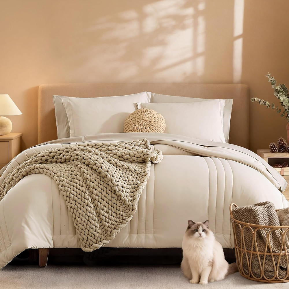 Queen Comforter Set - 7 Pieces Beige Bed in a Bag Queen Bedding Sets with Comfor