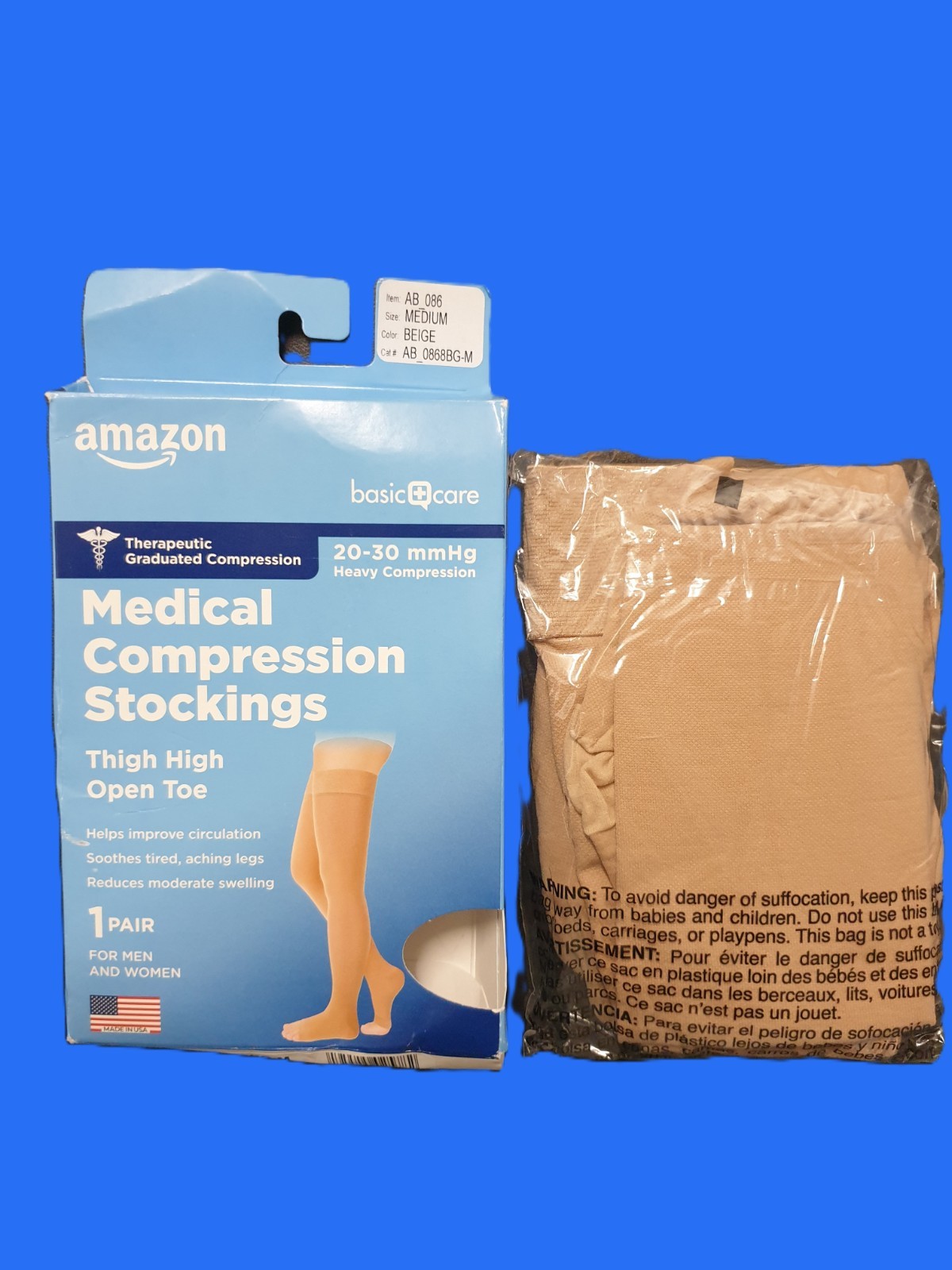 Amazon Basic Care Compression Stockings Unisex M Beige Thigh High 20-30 mmHg
