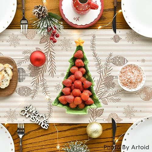 Stripes Pine Trees Merry Christmas Table Runner, 13" x 72", Table Runner Brown