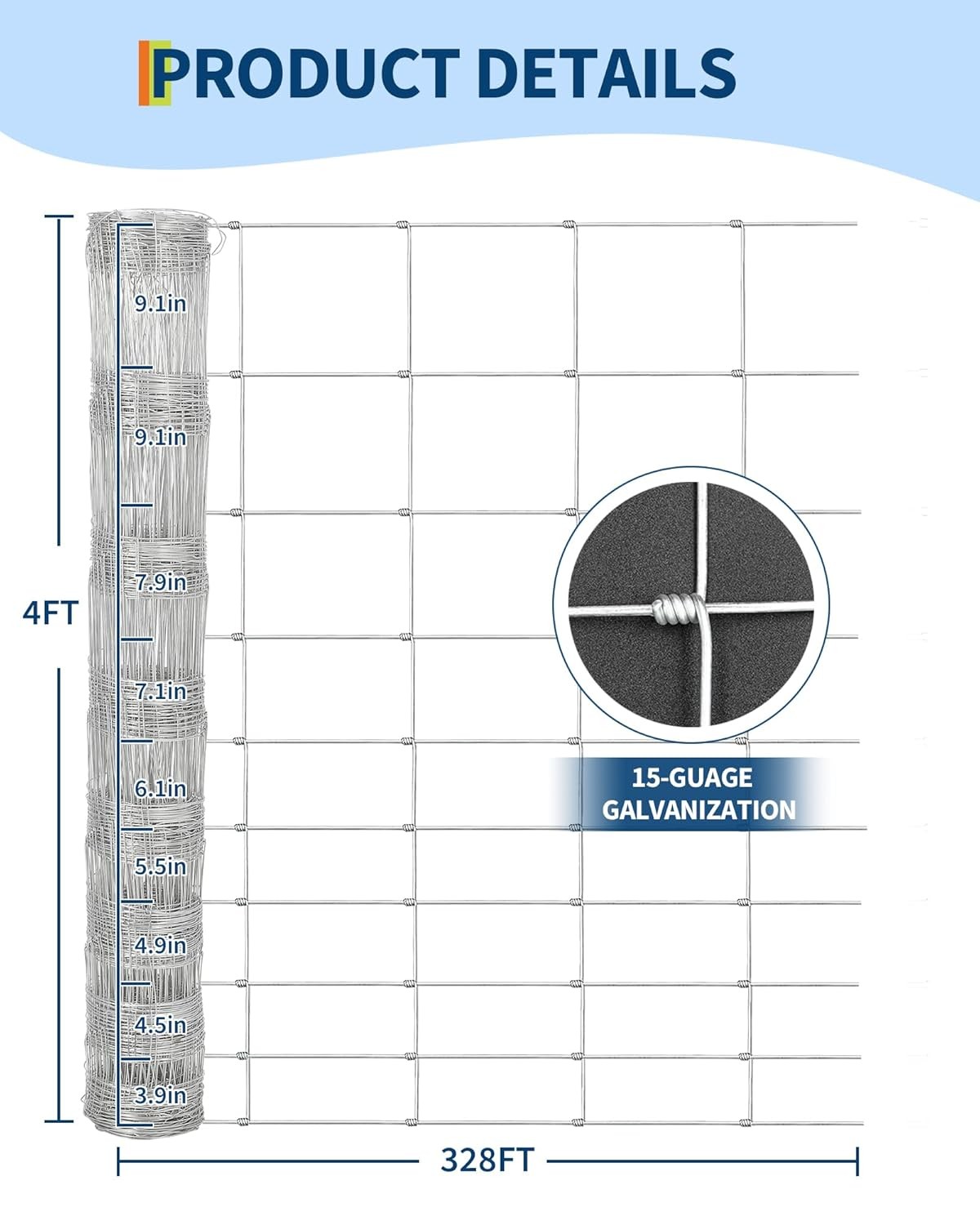 Farm Fence 4/5/6FT x 328FT 4/5FT x 164FT Galvanized Cattle Animals Protection