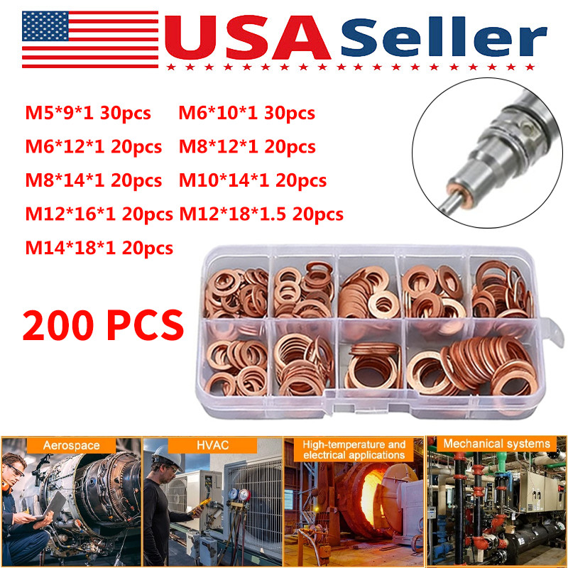 200 PCS Solid Copper Crush Washer Gasket Set Assortment Flat O-Ring Seal Kit