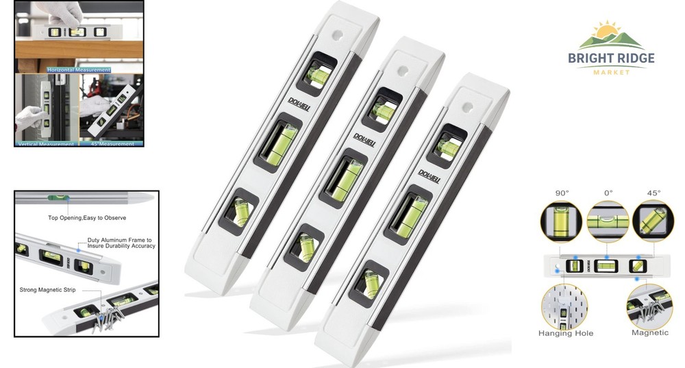 Magnetic Mini Bubble Level with 3 Vials for Horizontal and Vertical Measurement