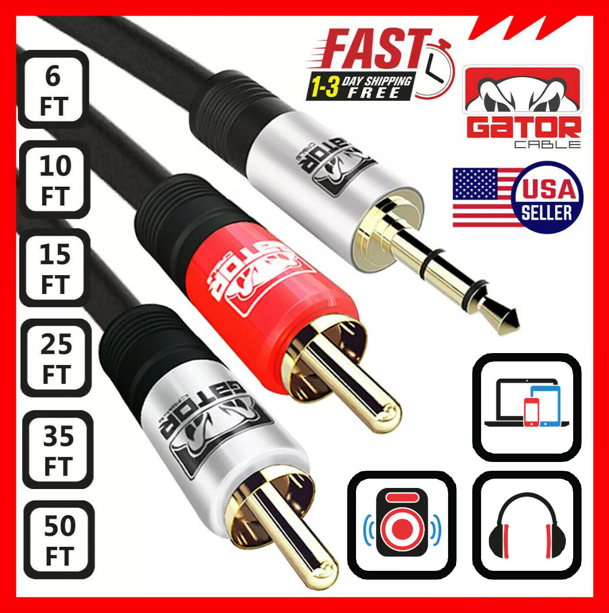 AUX Auxiliary 3.5mm Audio Male to 2 RCA Y Male Stereo Cable Cord Wire Plug