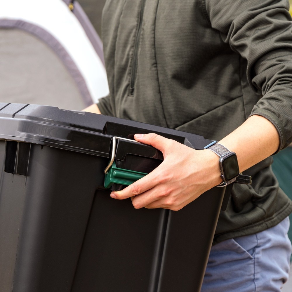 82 Qt. Black WeatherPro Plastic Storage Tote Stackable Water-Resistant Lockable