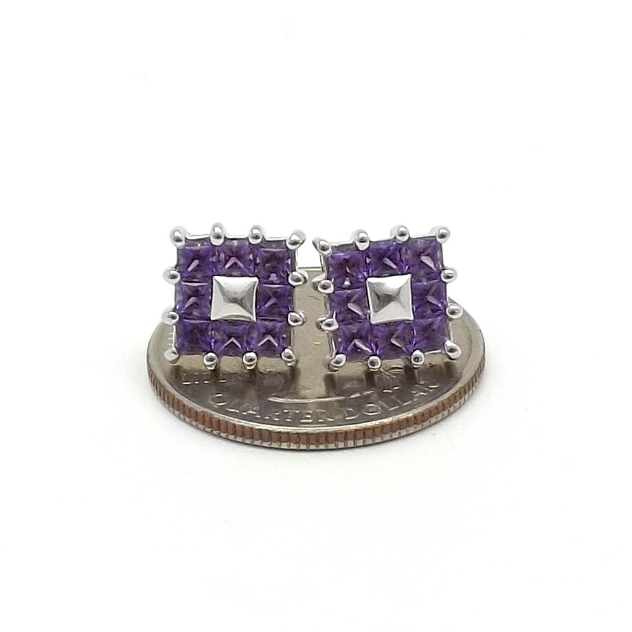 Solid 18k Gold Princess Cut Square Setting Stud Earrings Natural Amethyst New