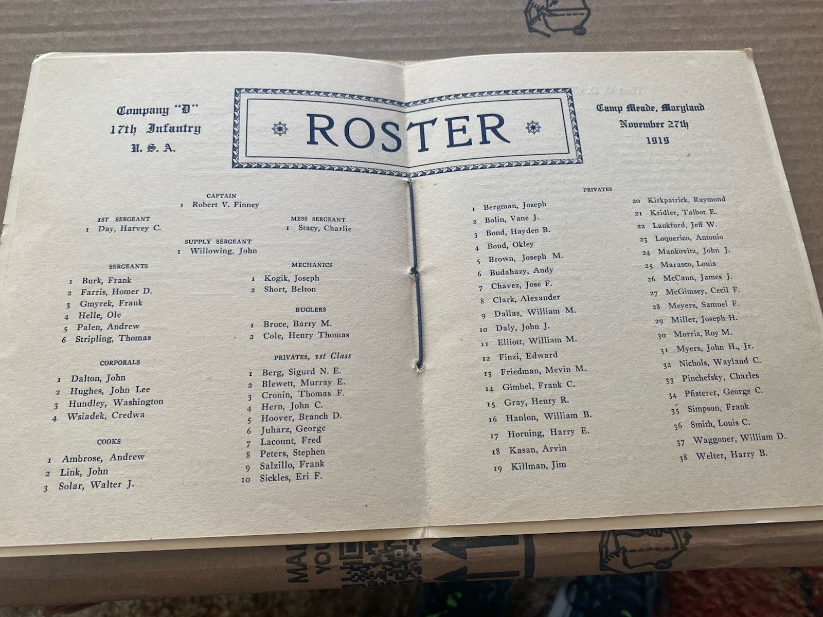1919 Thanksgiving Military Dinner Menu Roster Camp Meade Maryland Company D