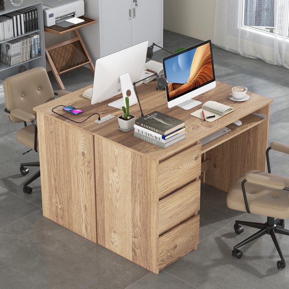 Computer Desk with 3 Storage Drawers & Built-in Charging Station, Home Office...