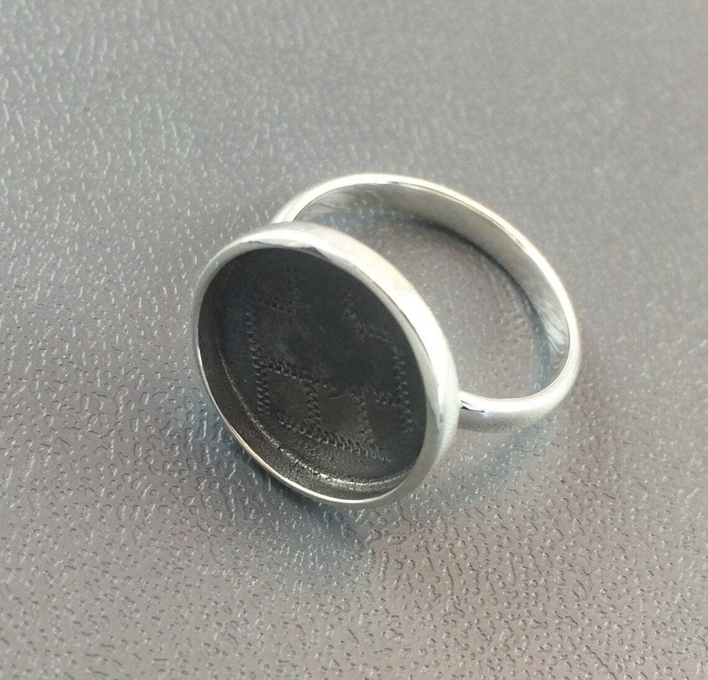 Sterling Silver Ring Blank 15mm Round Bezel Cabochon Setting Adjustable Finding