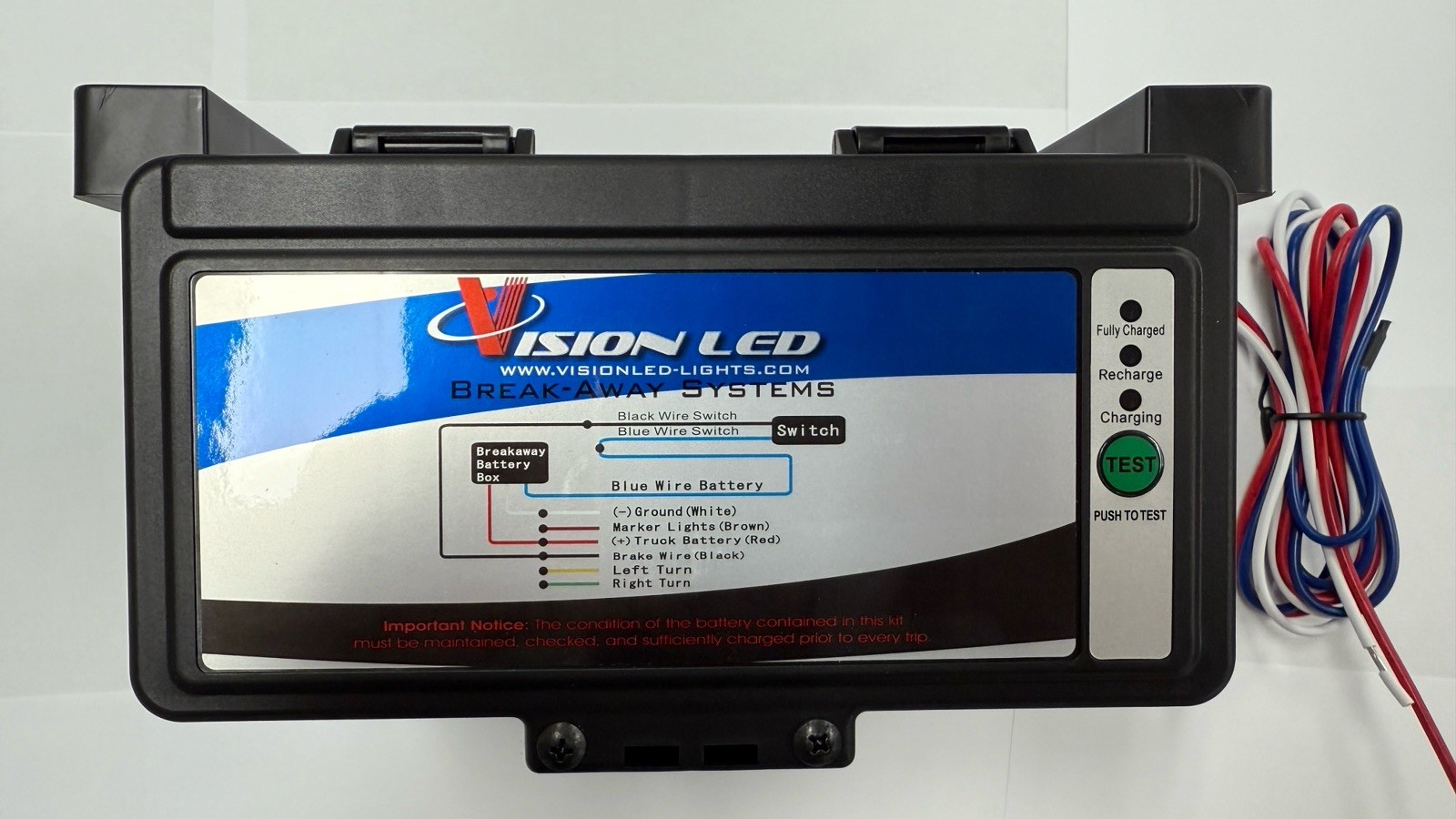 Vision LED Trailer Breakaway Kit Top Load w/ 12V Triple Axle Battery Charger