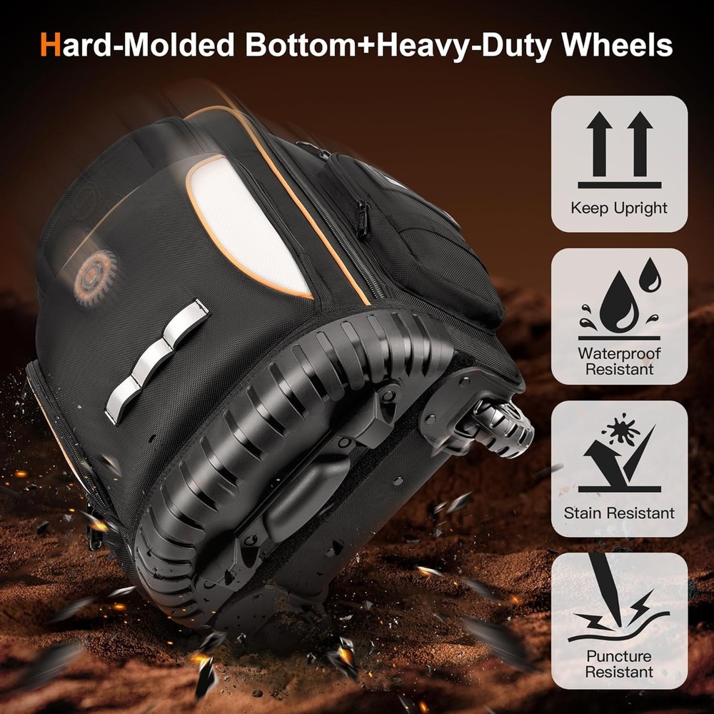 Rolling Tool Backpack with Wheels, 75 Pockets & Lock for Electricians