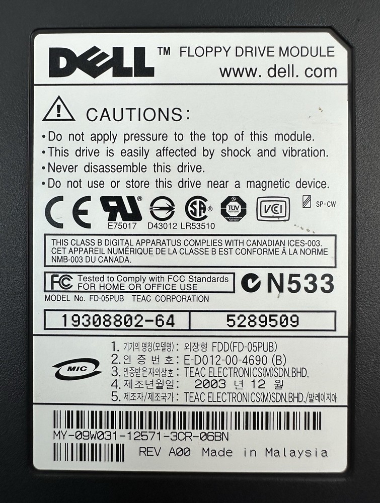 Dell 3.5" Floppy Drive Module Model: FD-05PUB, FREE SHIPPING