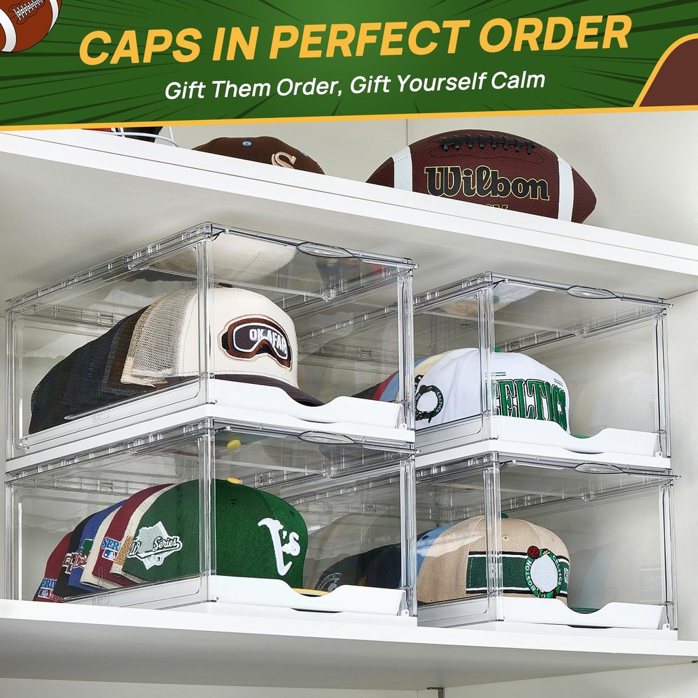 Vtopmart 2-Pack Hat Organizer Box for Baseball Caps, Clear Stackable Storage