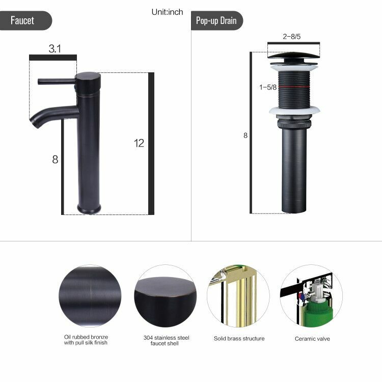 Bathroom Tempered Glass Vessel Sink Counter Pop Up Drain Basin ORB Faucet Bowl