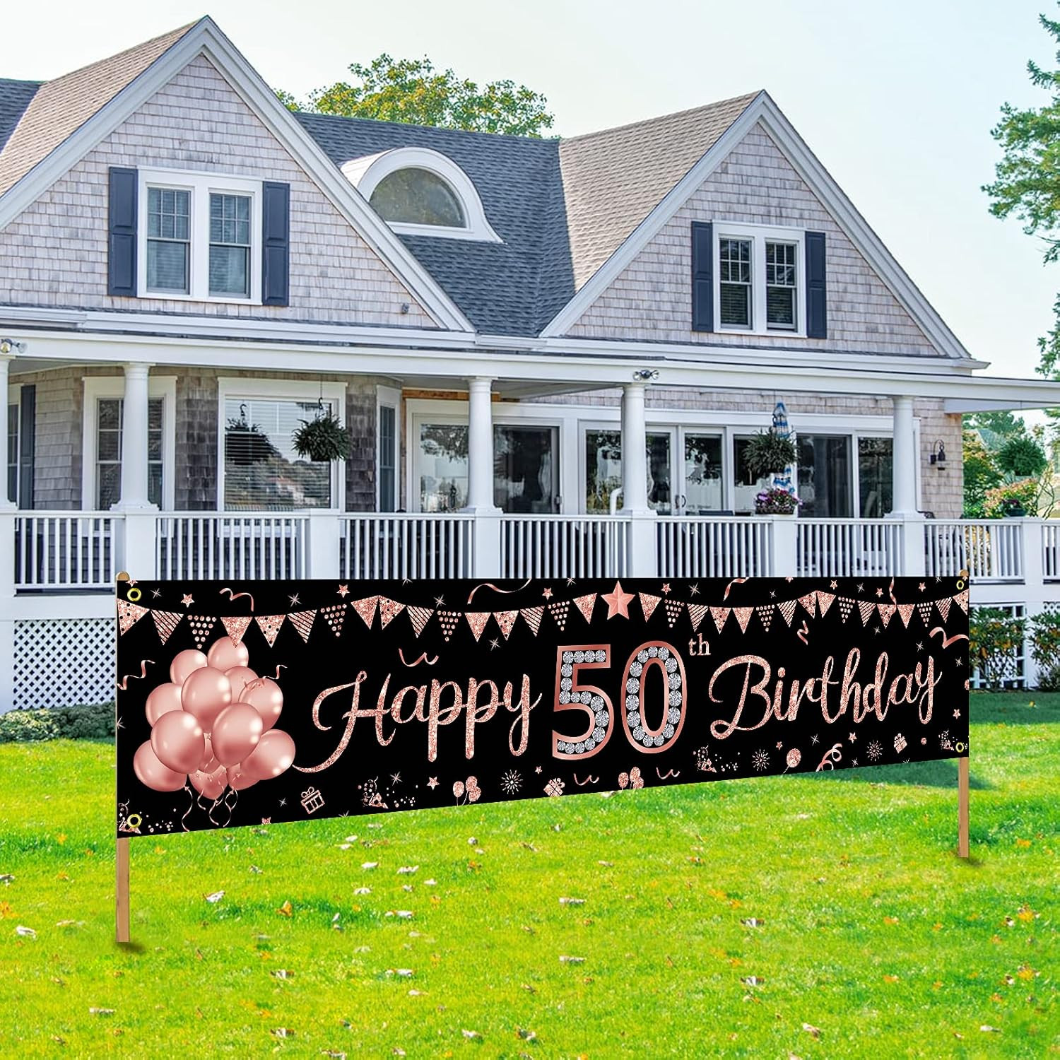 Happy 50th Birthday Banner Decorations for Women, Rose Gold 50 Birthday Sign Par