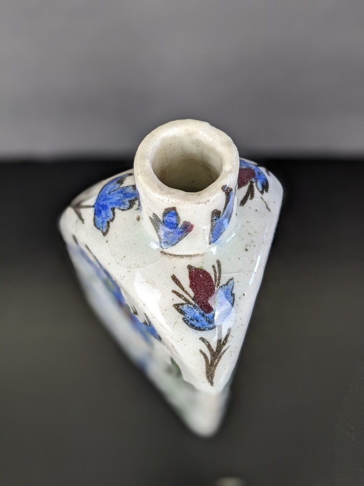 Antique Persian Qujar Pottery Bottle Tea Flask Floral Bird Pattern Triangular