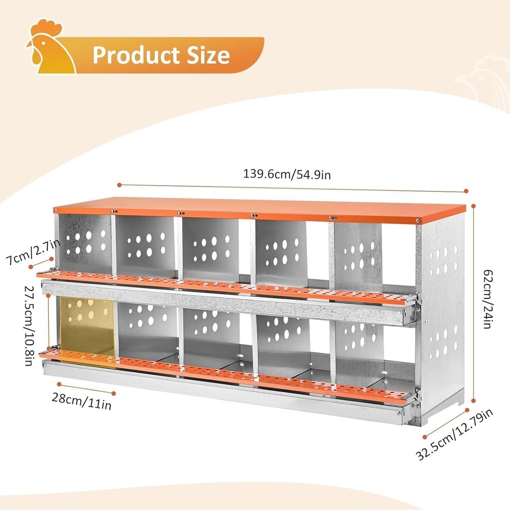 Chicken Nesting Box 10 Holes Metal Poultry Brooding Box Automatic Egg Rollout