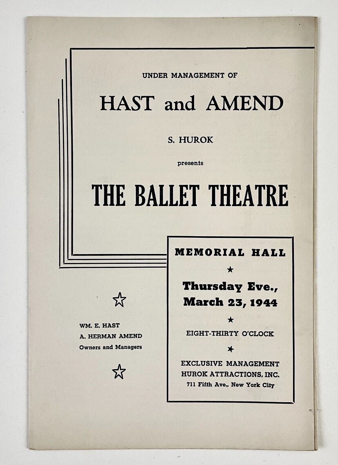 1944 Hast Amend The Ballet Theatre Vintage Program Columbus Ohio Hellen of Troy