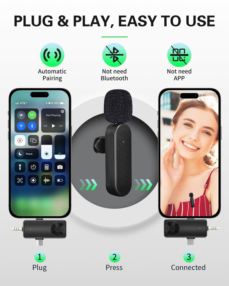 Wireless Lavailer Microphone for iPhone, Android, , Professional Wireless Min...