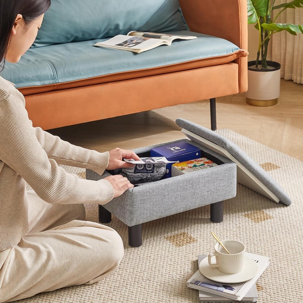 Storage Ottoman Footrest Stool with Linen Fabric, Rectangular, Flip Top Lid, ...