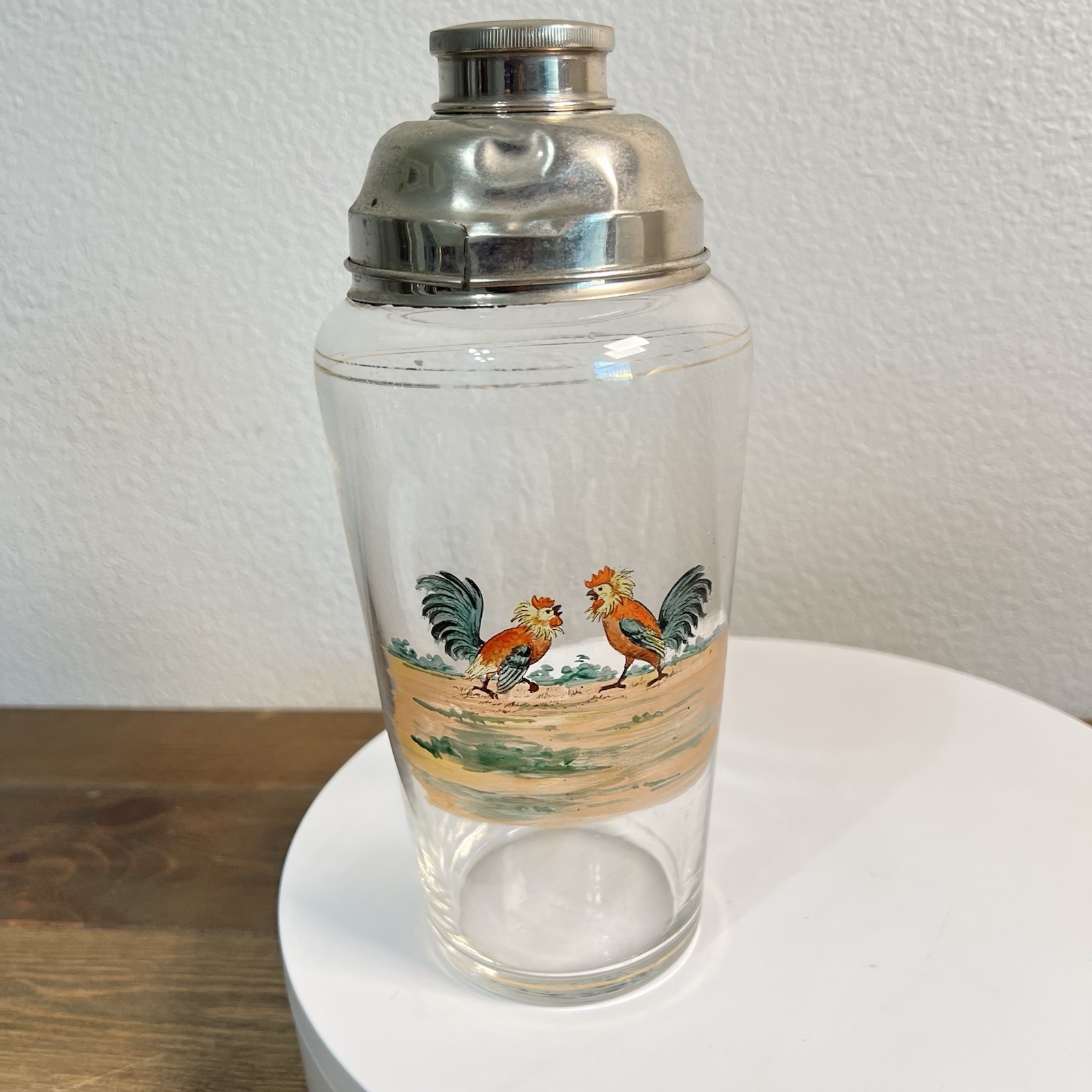 1940s Cocktail Shaker Hand-painted Rooster Silver Plated Vintage Art Deco 9"