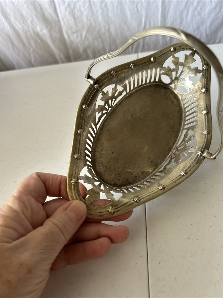 Vintage Silver Plate Made In England Lace Lattice Swing Handle Footed Dish EPNS