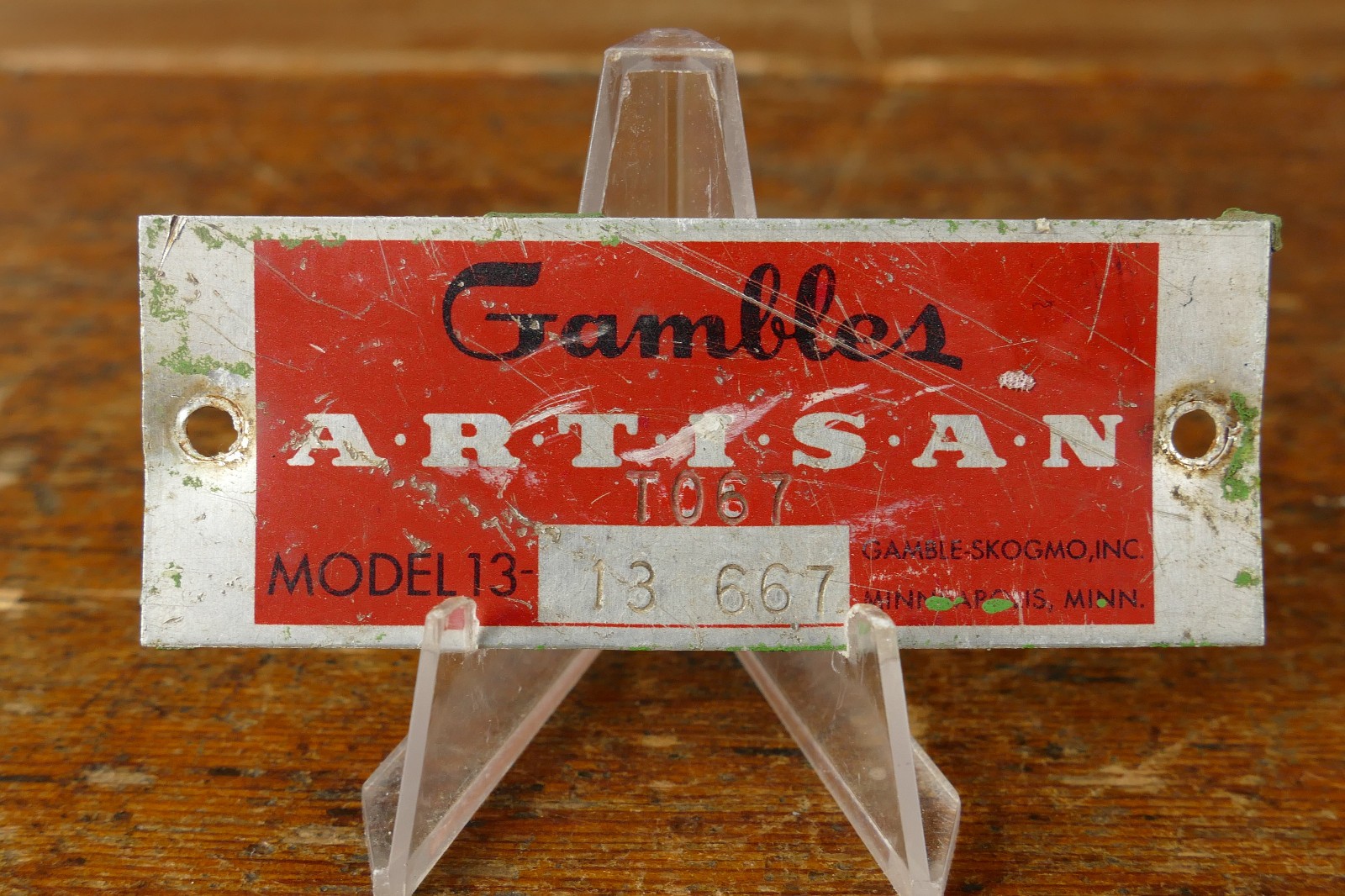 Vintage Gambles Stores Artisan Model 13 Metal ID Nameplate Tag Sign Emblem