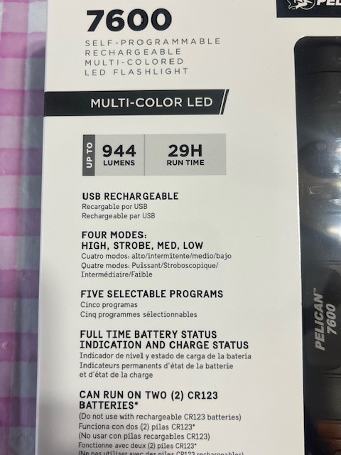 Brand New Pelican 7600 Programmable Rechargeable Multi Colored LED Flashlight