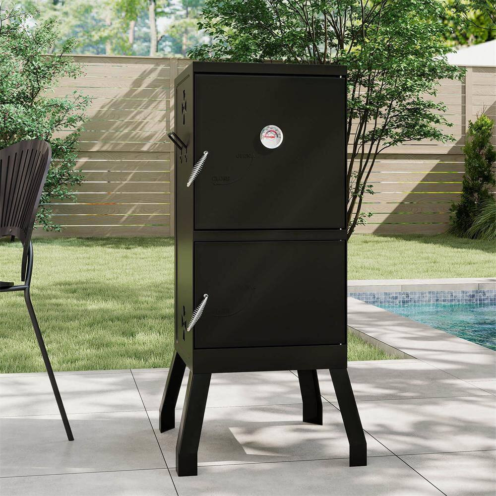 Vertical Charcoal Smoker BBQ Barbecue Grill with Temperature Gauge Outdoor Black
