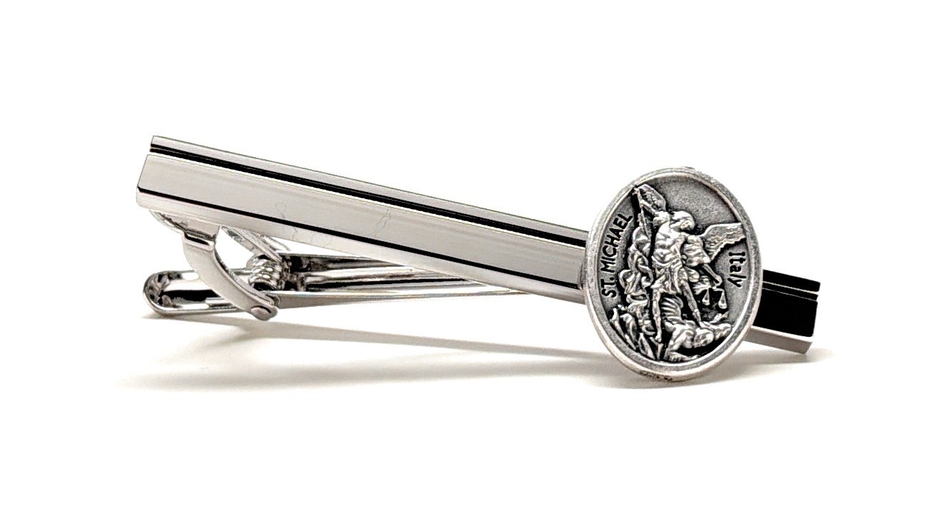 Saint Michael Silver Tie Clip Archangel Michael Religious Tie Bar for Men Italy