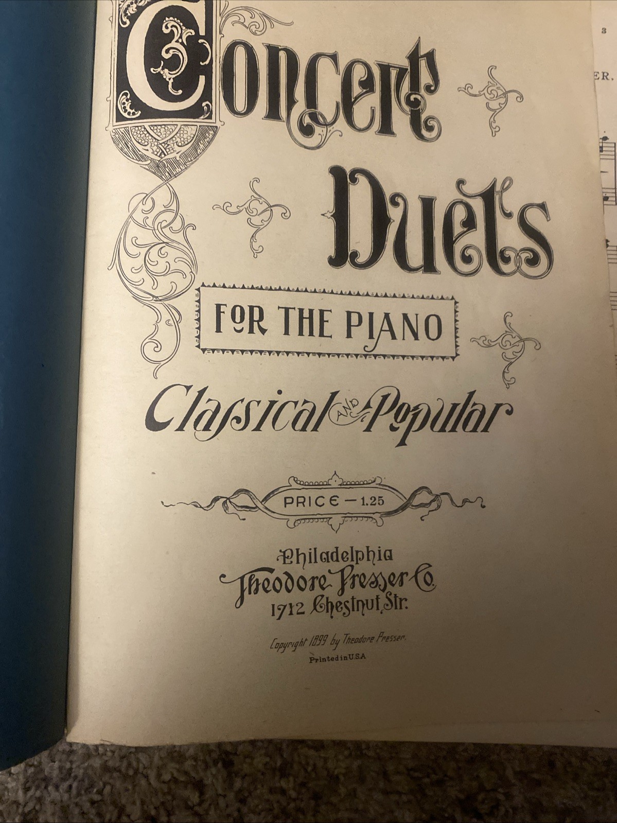Antique 1899 Piano Book “Concert Duets”