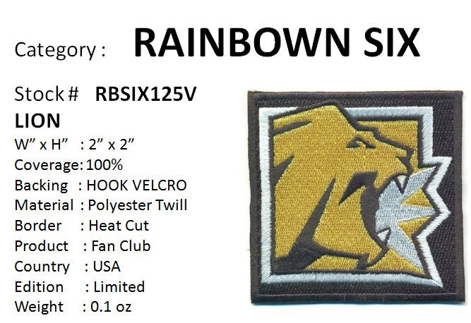 RAINBOW SIX OPERATOR PATCH - LION - 2"x 2" - Hook Vel Kro - RBSIX125V
