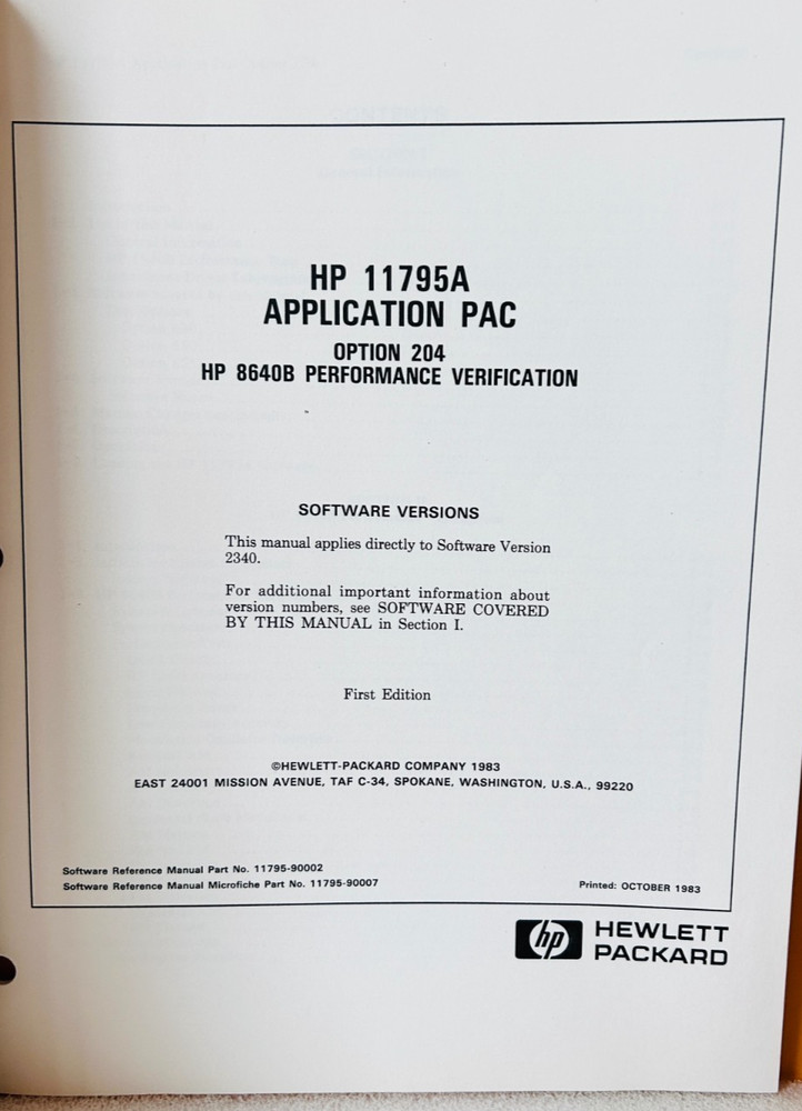 HP 11795-90002 Model 11795A Application PAC Opt 204 Software Reference Manual.
