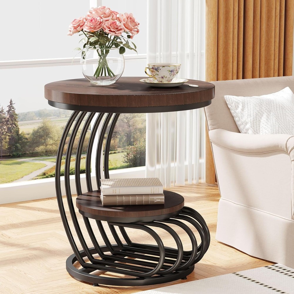Round End Side Table: Side Table with 2 Tiers Storage Shelves