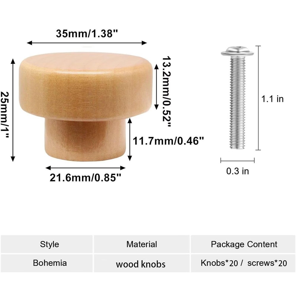 Dresser knobs 20 Pack Wood Knobs Round Cabinet Knobs 1.37"(35mm) Natural Beec...