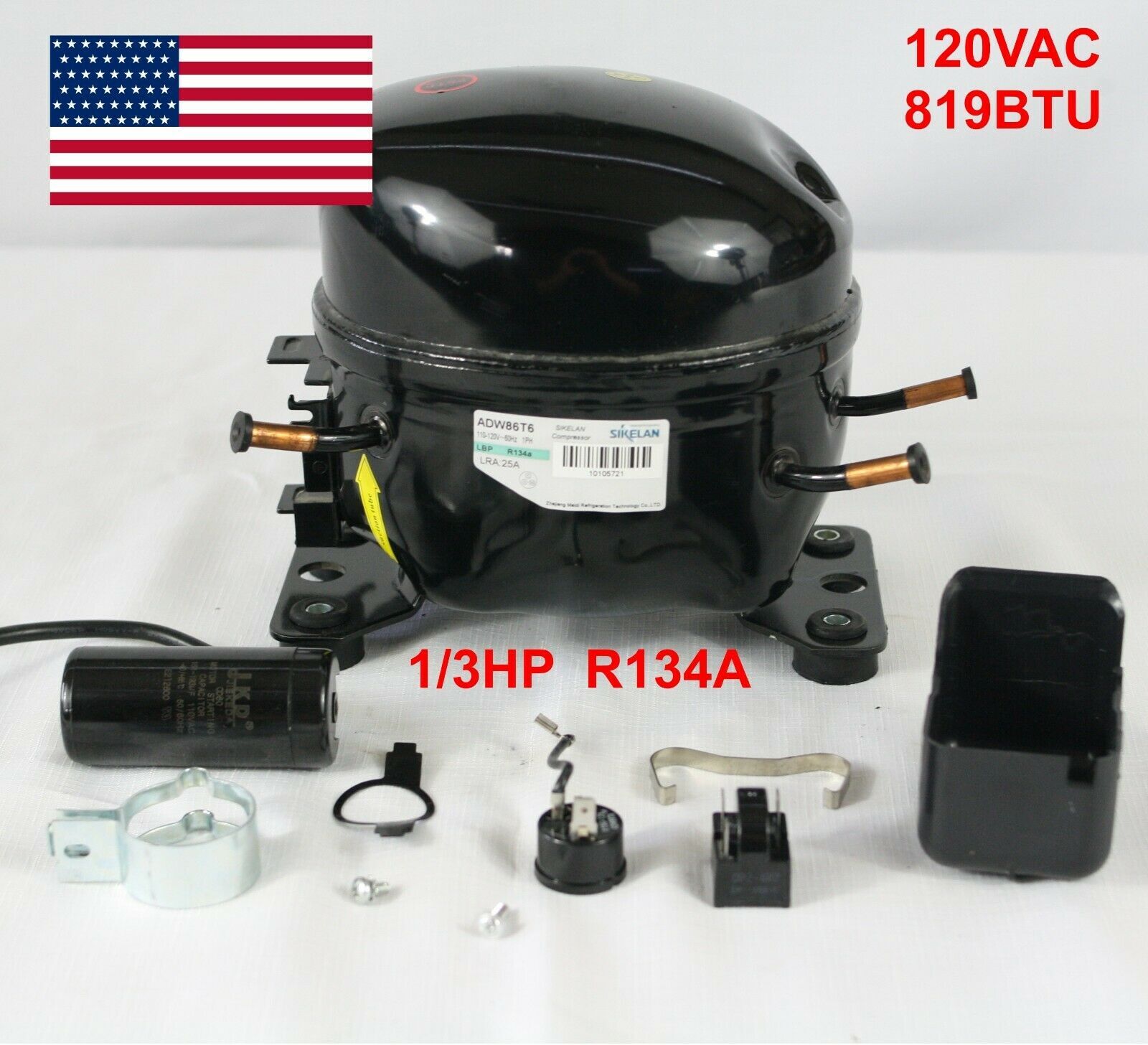 SIKELAN ADW86T6 REFRIGERATION COMPRESSOR 1/3 HP 819BTU 110-120V R134A 50-60HZ
