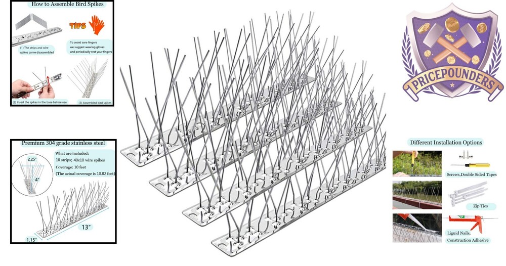 Stainless Steel Bird Spikes - Simple Assembly, 10 Strips with 10.82ft Coverage