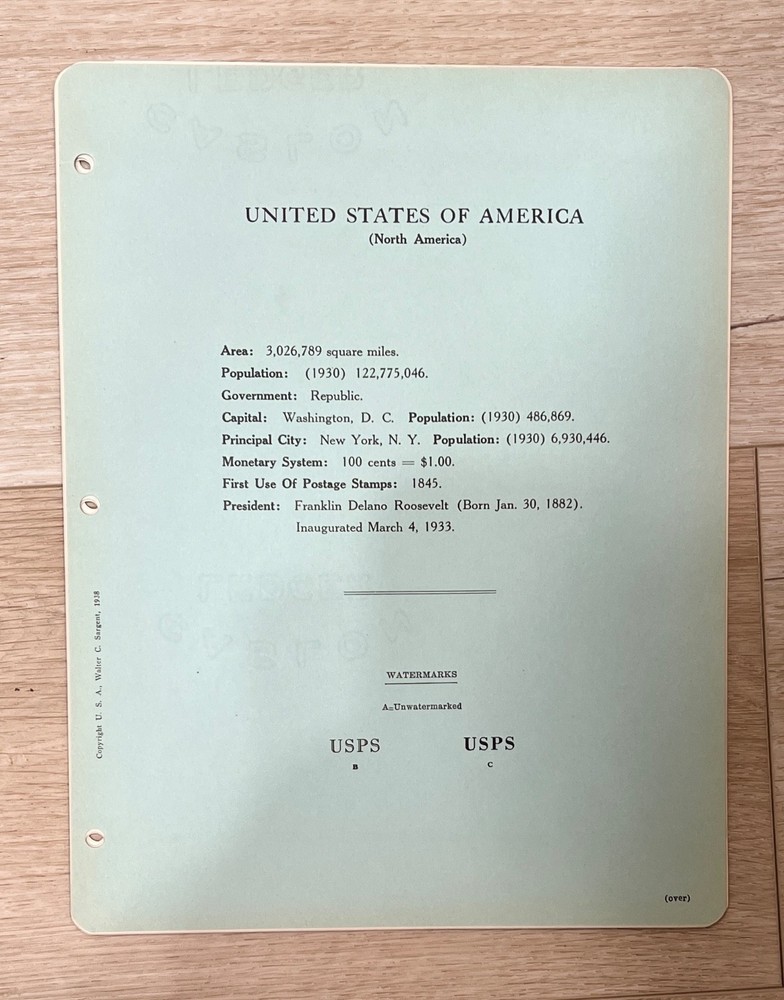 VINTAGE SARGENT LOOSE LEAF STAMP ALBUM PAGES #119 UNITED STATES BOB SUPPLEMENT