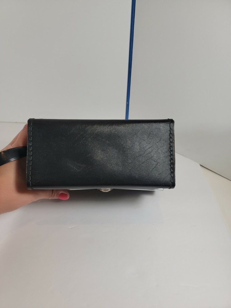 Vintage Hard Leather Black Binocular Case with Snap Closure, Suede Lined, strap